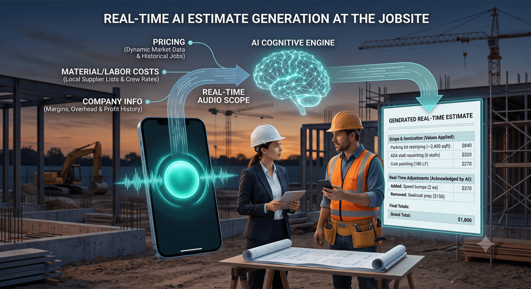 Pricing, material and labor costs, and company info flowing into CallScope's AI to generate a real-time estimate on the jobsite
